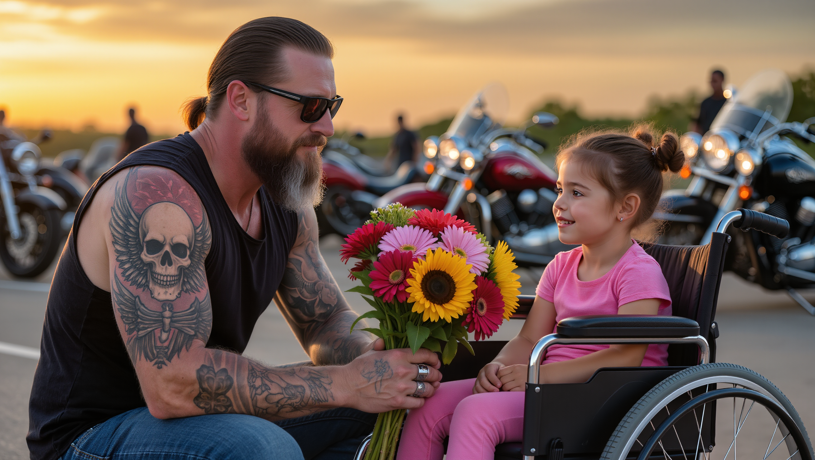 Paralyzed Little Girl Hands Flowers to a Hells Angel – The Next Day, 200 Bikers Show Up to Take Her to School