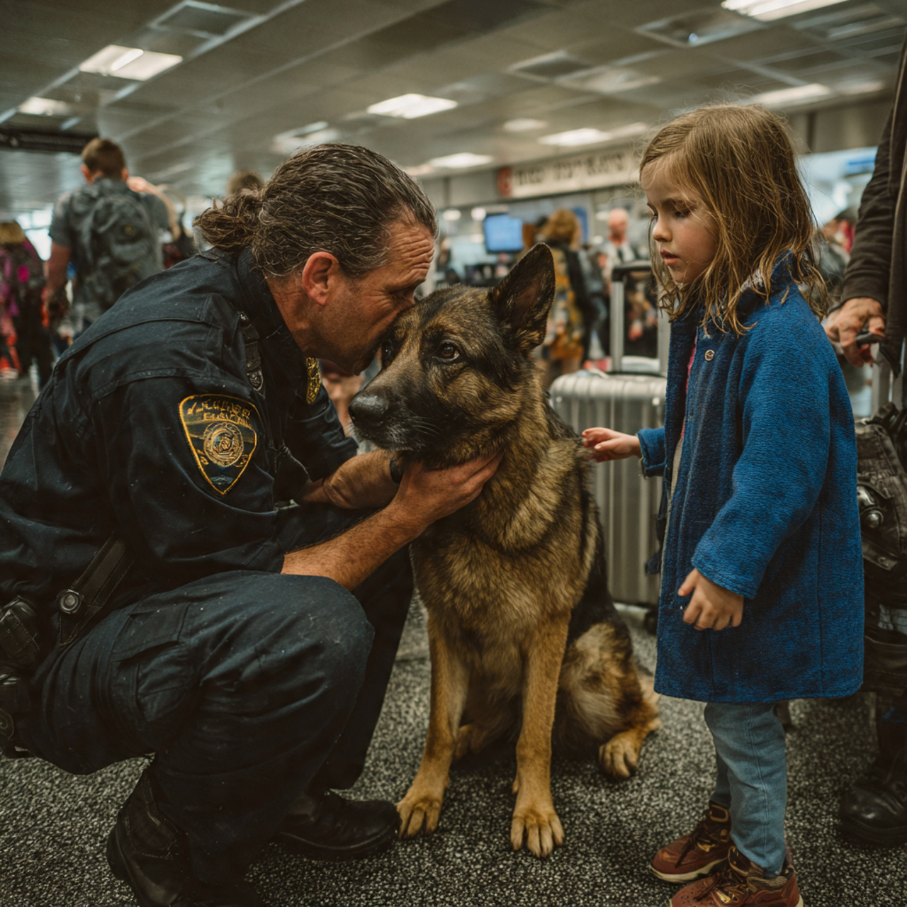 A POLICE DOG FROZE IN THE AIRPORT. THEN A LITTLE GIRL TAPPED HIS HEAD. WHAT HAPPENED NEXT MADE EVERY TRAVELER STOP. HAVE YOU EVER WITNESSED A SILENT CRY FOR HELP