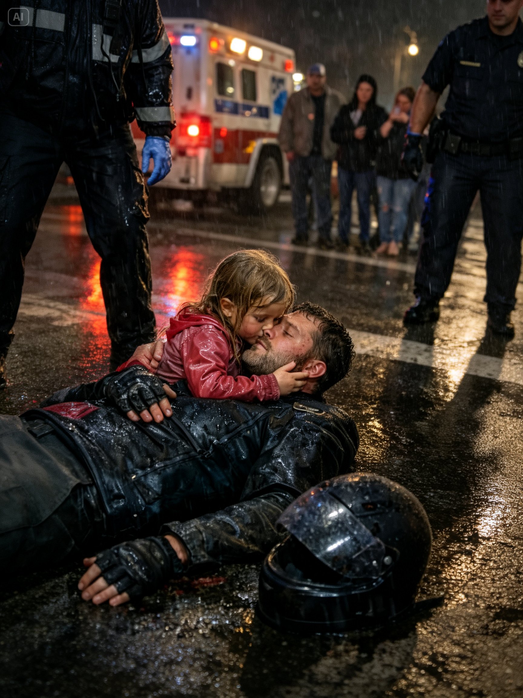 A paramedic declared a biker dead at a rainy crash scene. Then a 6-year-old girl held his hand and whispered, “He’s sleeping.” What happened next made me question everything I knew about life, death, and the promises that refuse to break.