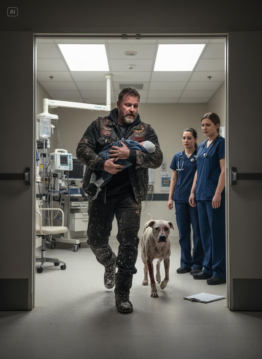 A Hardened Biker Ran Into the ER With a Freezing Newborn in His Torn Jacket — But the Starving, Scarred Pitbull Limping Behind Him Made the Doctors Realize Something Unbelievable Had Happened