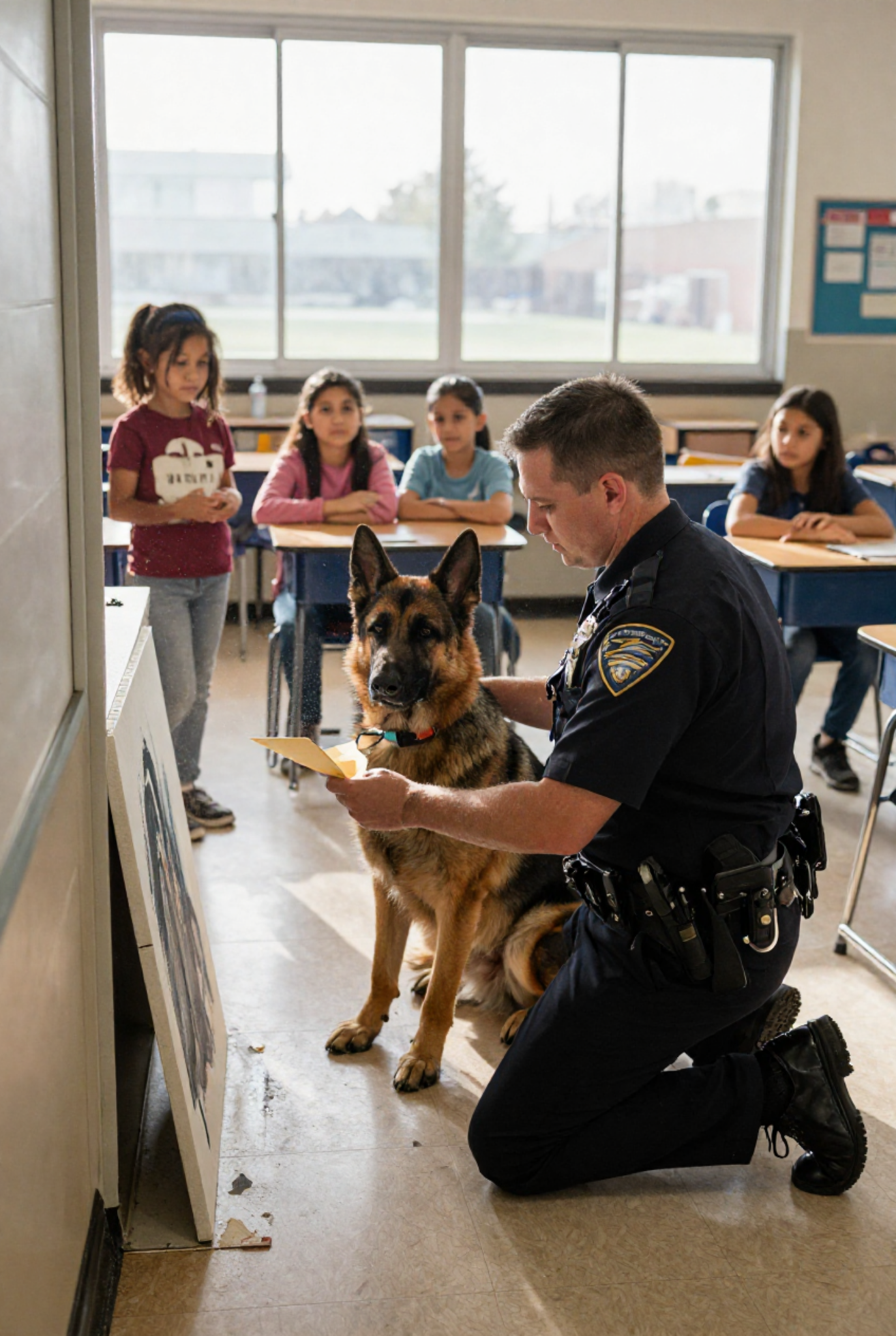 “A POLICE K9 RIPPED APART A SCHOOL PAINTING. WHAT THE OFFICER FOUND BEHIND IT MADE HIM FALL TO HIS KNEES. SOMETIMES THE PAST DOESN’T STAY BURIED—IT WAITS FOR THE RIGHT MOMENT TO RESCUE US. WILL YOU BELIEVE IN SIGNS?  MY DOG SENSED SOMETHING I COULDN’T SEE. WHEN HE TORE THROUGH AN OLD CLASSROOM PAINTING, I UNCOVERED A MYSTERY THAT CONNECTED MY FAMILY TO A 40-YEAR-OLD SECRET. CAN ANIMALS REALLY SMELL THE ECHOES OF A BROKEN HEART?  I’VE BEEN A K9 OFFICER FOR SEVEN YEARS. MY PARTNER NEVER ACTED LIKE THIS. NOT UNTIL WE ENTERED ROOM 204. WHAT HE FOUND BEHIND THE ARTWORK FORCED ME TO REWRITE MY FAMILY’S HISTORY. WHAT IF THE ANSWERS YOU SEEK HAVE BEEN HIDING IN PLAIN SIGHT?  THE SCREAM THAT ECHOED THROUGH THE SCHOOL WASN’T FROM A CHILD—IT WAS FROM A DOG TRYING TO SAVE A FORGOTTEN SOUL. WHEN I OPENED THE COMPARTMENT HE FOUND, I DISCOVERED A KINDNESS THAT TRAVELED THROUGH TIME. ARE WE BEING GUIDED BY INVISIBLE THREADS?”