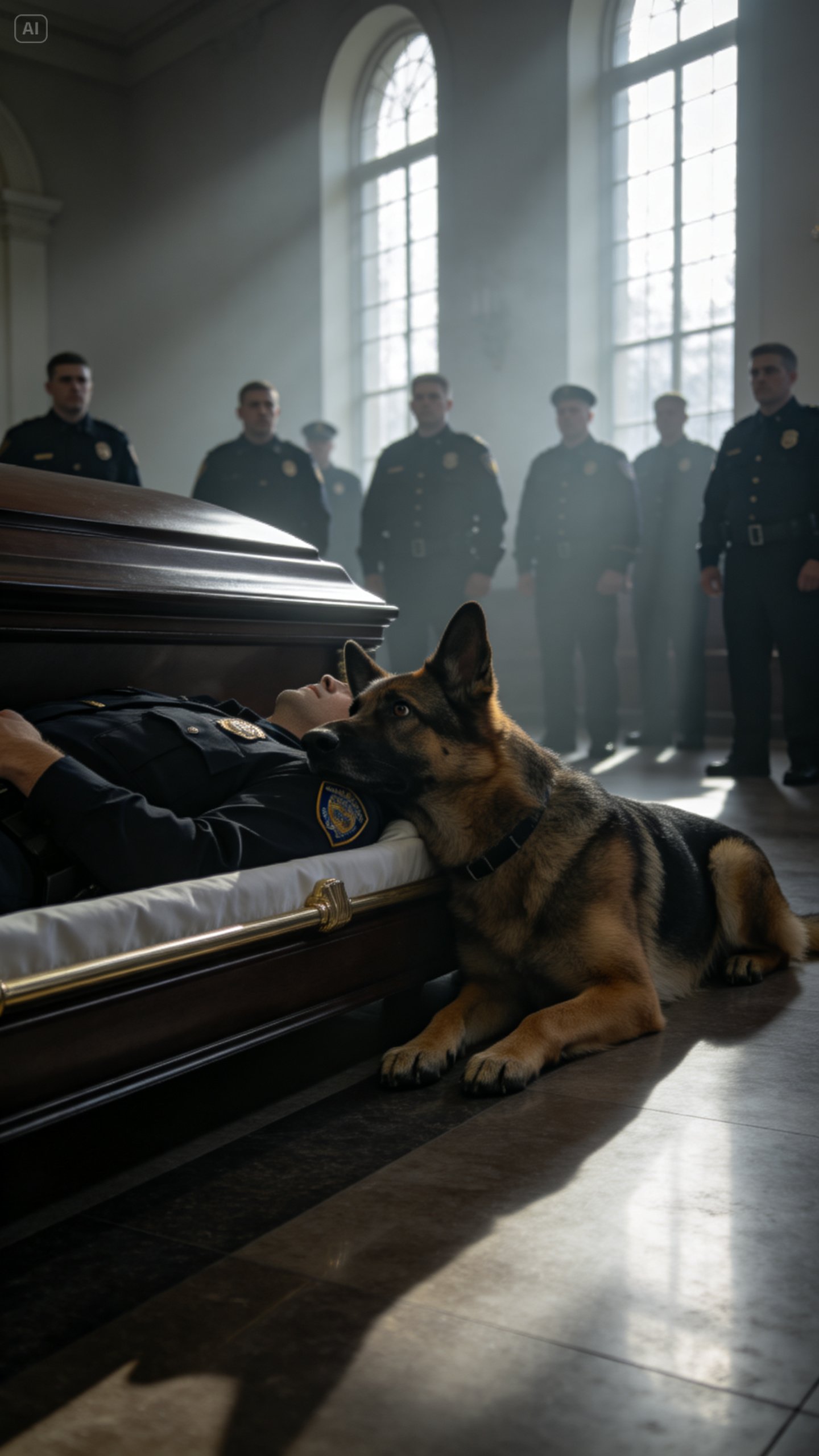 “MY K-9 PARTNER JUMPED INTO MY CASKET AND REFUSED TO MOVE — OFFICERS THOUGHT IT WAS GRIEF, BUT HE WAS TRYING TO SOLVE MY MURDER. WHAT HE REVEALED EXPOSED A TRUTH THAT SHOOK THE ENTIRE DEPARTMENT. WILL HIS LOYALTY FINALLY GET ME JUSTICE?  THE DAY THEY LAID ME TO REST, MY GERMAN SHEPHERD LAID ACROSS MY CHEST AND WOULDN’T LET ANYONE NEAR. EVERYONE THOUGHT IT WAS HEARTBREAK. BUT MY PARTNER KNEW A SECRET NO ONE ELSE DID. WHAT DID HE DISCOVER THAT OFFICERS MISSED?  I WAS A COP KILLED IN THE LINE OF DUTY. AT MY FUNERAL, MY K-9 REX CLIMBED INTO MY CASKET AND STAYED. THE CHIEF SAID IT WAS LOYALTY. BUT MY DOG WASN’T MOURNING — HE WAS POINTING A PAW AT MY KILLER. WAS THE TRUTH BURIED WITH ME?  MY POLICE DOG WOULDN’T LEAVE MY COFFIN. OFFICERS TRIED TO PULL HIM AWAY, BUT HE GROWLED AND PRESSED HARDER AGAINST MY CHEST. THEY WHISPERED IT WAS GRIEF. THEN THEY FOUND WHAT HE WAS GUARDING, AND THE CASE THEY THOUGHT WAS CLOSED SUDDENLY BECAME A MURDER INVESTIGATION. COULD A DOG REALLY EXPOSE A KILLER?”