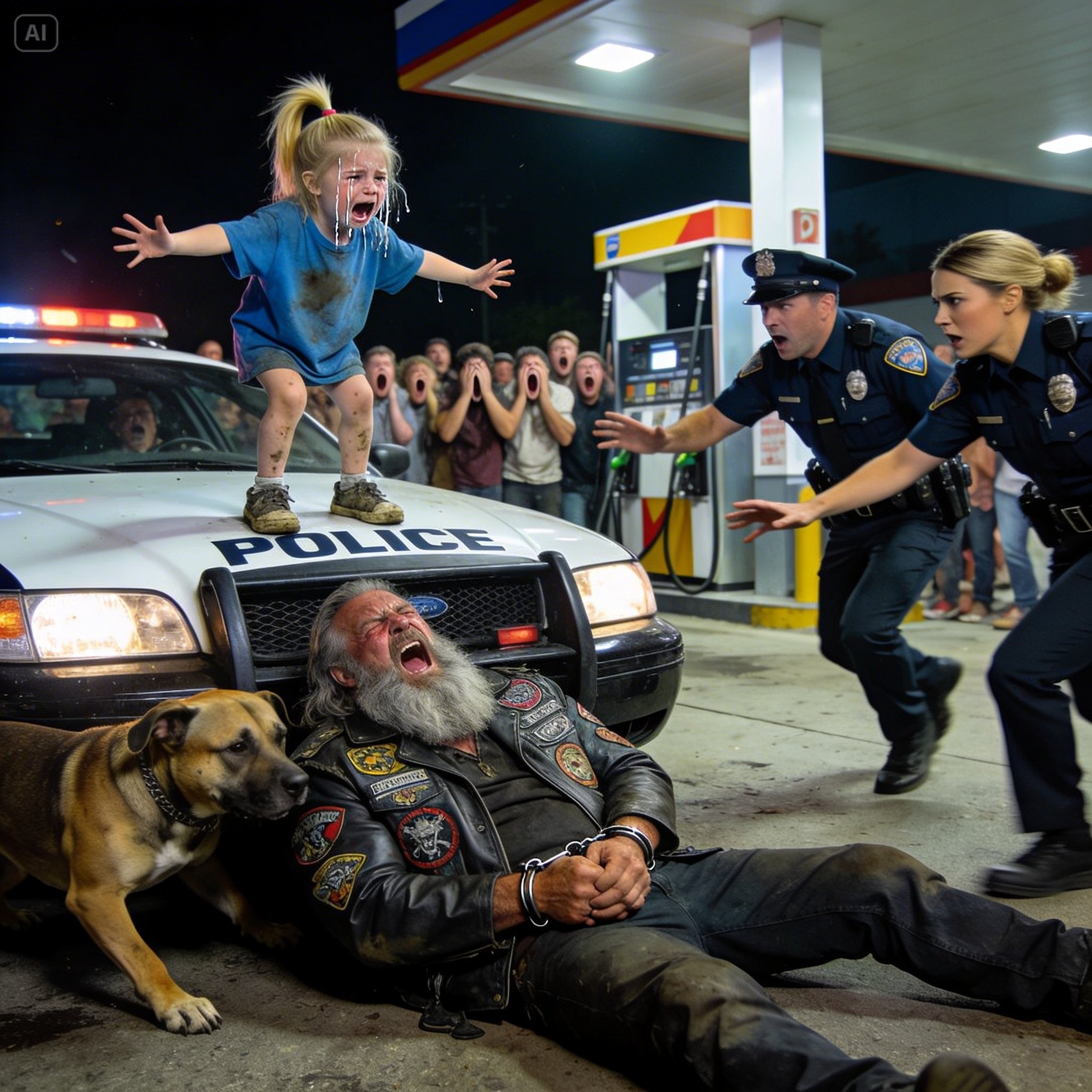 A barefoot seven-year-old girl climbed onto the hood of a police cruiser to shield a handcuffed, towering biker, but when the crowd started recording, the terrifying reason for her screams made every single officer freeze in their tracks…