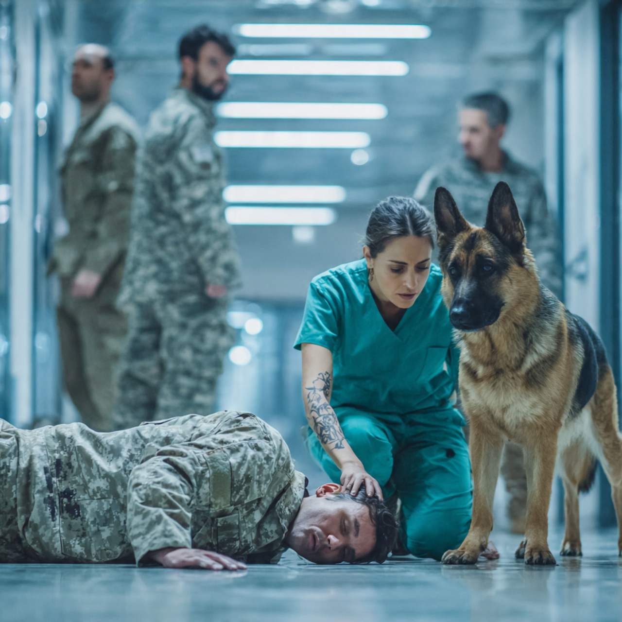 The heavy glass door clicked shut behind me, sealing me inside a pressurized trauma room with a 90-pound lethal military dog standing over a fallen soldier, and as the armed men outside raised their weapons, I realized I was the only one who knew the terrifying truth.