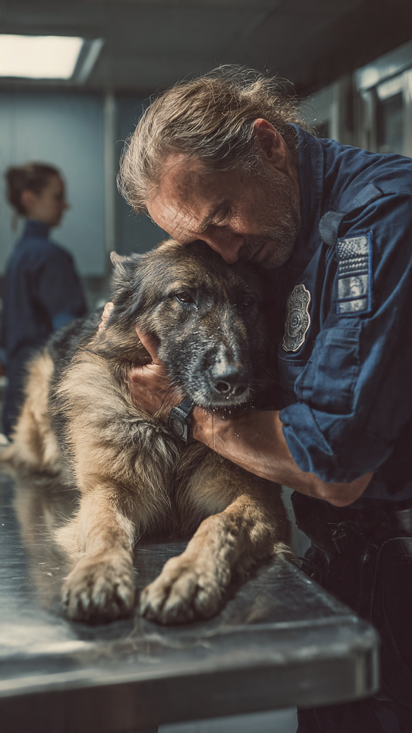“A DYING K-9 HUGGED HIS HANDLER GOODBYE. THE VET RAISED THE NEEDLE—THEN NOTICED SOMETHING ON THE X-RAY THAT MADE EVERYONE SCREAM “”STOP.”” THE LOYALTY WE MISS UNTIL IT’S ALMOST TOO LATE. HAVE YOU EVER ALMOST LOST SOMEONE WITHOUT KNOWING THEY WERE FIGHTING FOR YOU?  THE GERMAN SHEPHERD WHO TOOK A BULLET FOR HIS OFFICER NEVER WHIMPERED. TWO WEEKS LATER, HE WAS ON THE EUTHANASIA TABLE WHEN THE VET SAW A SHADOW ON THE SCAN THAT SHOULDN’T EXIST. WHAT IF THE ONES WE LOVE ARE HIDING THEIR DEEPEST WOUNDS?  HE HELD HIS PARTNER AS THE SYRINGE WAS PREPARED. REX’S PAW WRAPPED AROUND HIS SHOULDER, CRYING LIKE A HUMAN. THEN THE DOCTOR’S HAND SHOOK. “THIS ISN’T ORGAN FAILURE.” SOMETIMES THE STRONGEST ONES ARE SILENTLY BLEEDING INSIDE. WILL YOU NOTICE BEFORE IT’S TOO LATE?  OFFICER LUKE CARTER WAS SAYING GOODBYE TO HIS K-9. THE ROOM WAS SILENT. THE NEEDLE WAS READY. BUT REX WOULDN’T LET GO. HE HELD ON WITH A DESPERATION THAT MADE THE VET LEAN CLOSER—AND WHAT SHE SAW CHANGED EVERYTHING. WHAT IF YOUR GREATEST LOSS WAS REALLY A HIDDEN MIRACLE?”