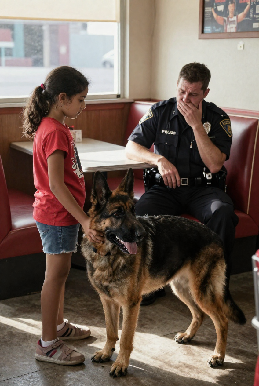 “A LITTLE GIRL WALKED INTO A DINER WITH A STRAY DOG AND TOLD A BROKEN OFFICER, “MY POLICE DOG CAN FIND YOUR SON”—NO ONE BELIEVED HER UNTIL THE DOG LOCKED EYES WITH HIM. WHAT HAPPENED NEXT SAVED A FAMILY. WILL YOU TRUST THE UNEXPECTED WHEN HOPE SEEMS LOST?  AFTER 48 HOURS OF SEARCHING, A DESPERATE OFFICER SAT IN A DINER WITH NOTHING LEFT BUT GUILT. THEN A 10-YEAR-OLD GIRL AND A MYSTERIOUS GERMAN SHEPHERD WHISPERED WORDS THAT MADE THE ROOM GO COLD. “HE’S BEEN WAITING FOR YOU TO TRUST HIM.” WHAT IF THE ANSWER WAS ALWAYS RIGHT IN FRONT OF YOU?  HE WAS A STRAY DOG WITH A SCARRED PAST AND NO BADGE. SHE WAS JUST A KID WHO REFUSED TO LOOK AWAY. TOGETHER, THEY DID WHAT AN ENTIRE POLICE DEPARTMENT COULDN’T. THIS IS THE STORY OF THE HERO NO ONE SAW COMING. HAVE YOU EVER IGNORED A FEELING THAT TURNED OUT TO BE EVERYTHING?  A CHILD’S BLUE SNEAKER, FOUND IN THE DIRT. A MILITARY DOG, PRESUMED DEAD. A FATHER ON THE BRINK OF LOSING HOPE. THIS ISN’T A STORY ABOUT A RESCUE. IT’S ABOUT THE MOMENT EVERYTHING CHANGES WHEN YOU DECIDE TO BELIEVE IN THE IMPOSSIBLE. COULD ONE MOMENT OF FAITH SAVE WHAT YOU LOVE MOST?”