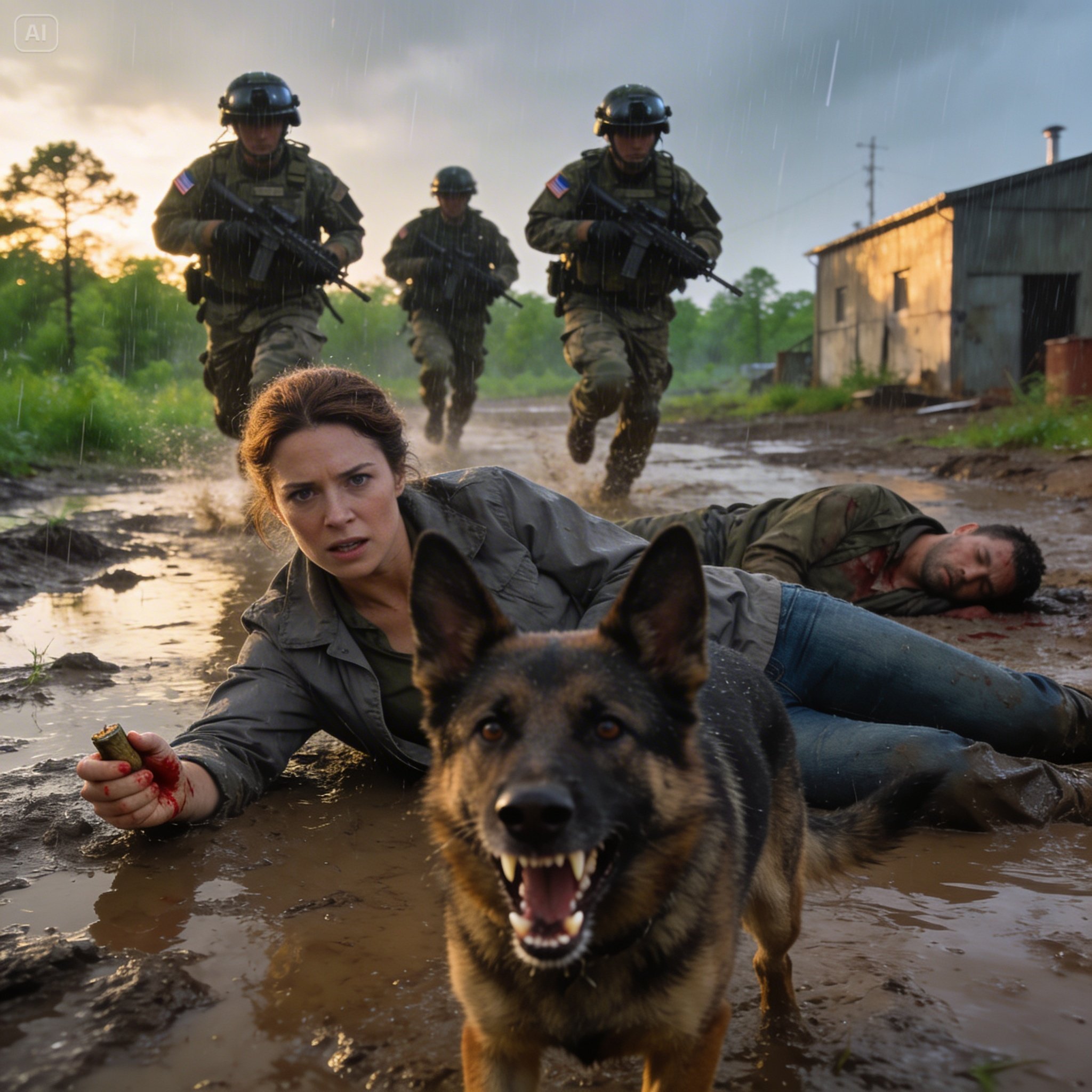 A massive, wounded German Shepherd appeared from the freezing rain, pressing his heavy head into my hands just before the terrifying men arrived in a black truck…
