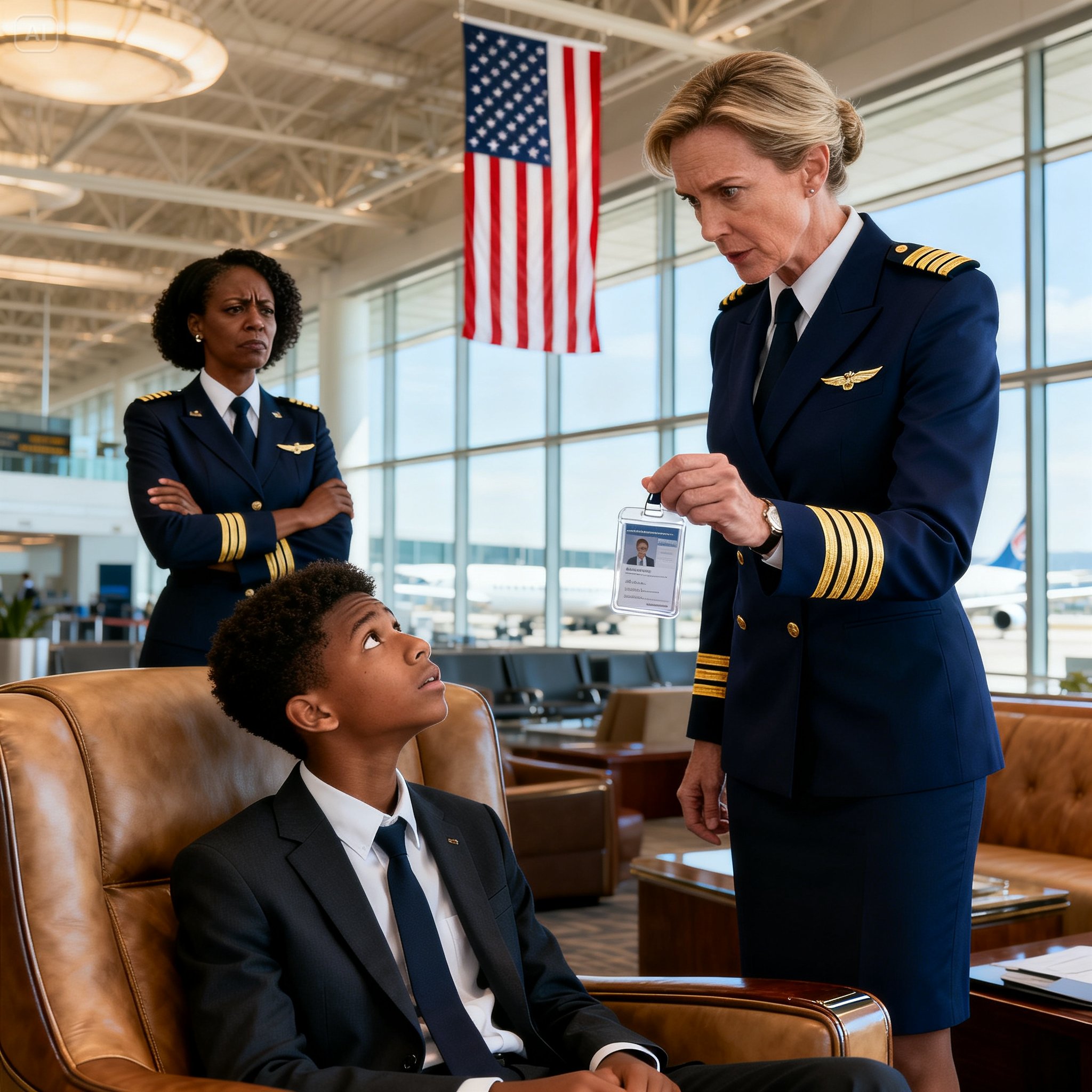 The Captain Saw a “Thug” in Her Private Lounge and Called the Cops to Drag Him Out, Mocking His “Janitor” Mother—She Didn’t Realize the Woman Stepping Off the Private Jet Wasn’t There to Clean the Floors, But to Fire the Woman Who Put Handcuffs on Her Son. A Story of High-Altitude Arrogance Meeting the Ultimate Corporate Karma.