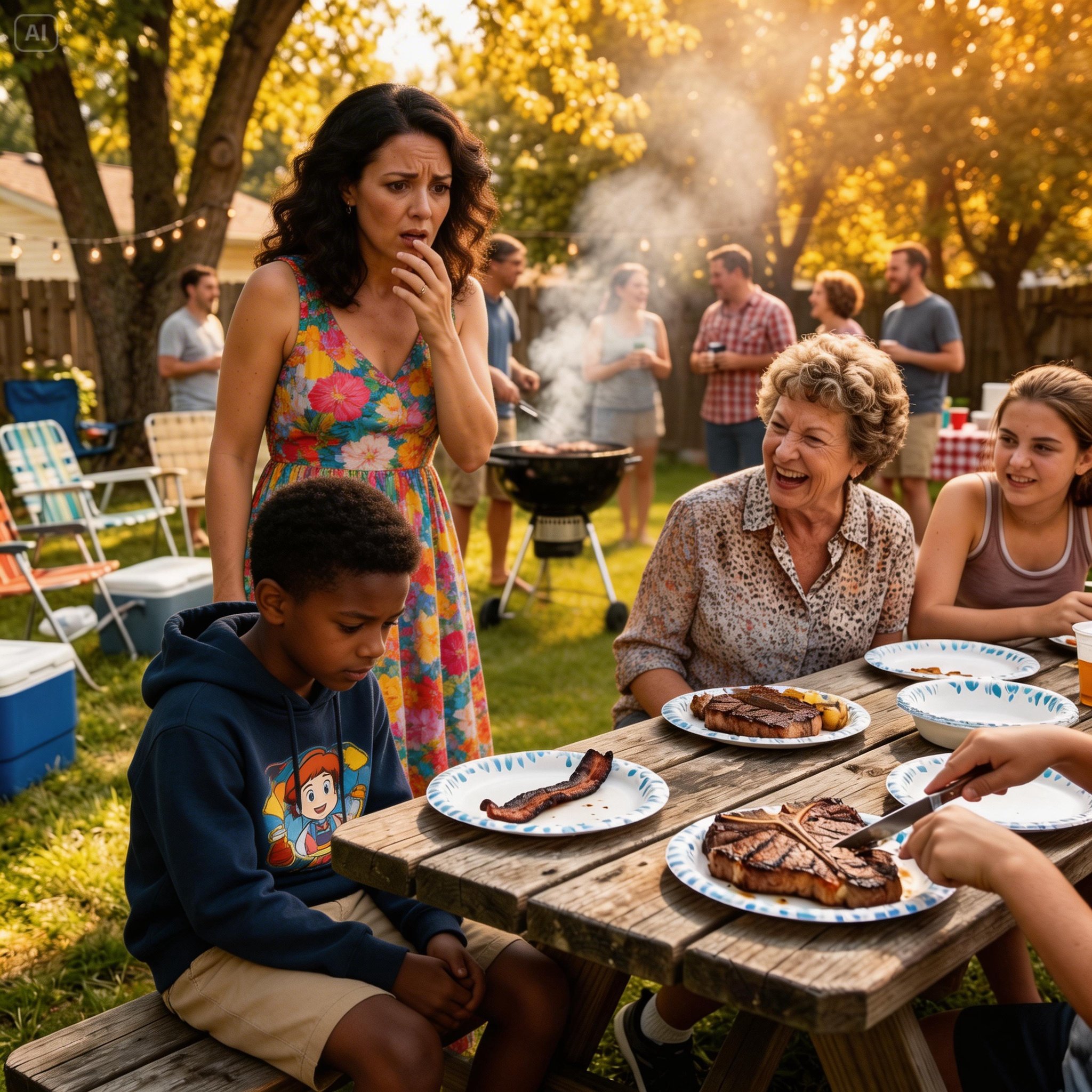 During a family cookout, my sister’s child was given a thick, beautiful T-bone steak, while my son was served nothing but a burnt slab of fat. My mother chuckled, “That’s plenty for a child like him.” My sister laughed and added, “Even a dog would eat better than that!” My son lowered his eyes to his plate and quietly said, “Mom, I’m happy with this meat.” One hour later…