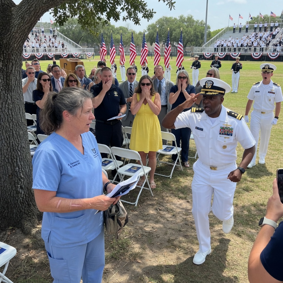 “A QUIET MOTHER IN FADED BLUE SCRUBS. A SECURITY GUARD WHO TOLD HER TO MOVE. A NAVY ADMIRAL WHO TURNED PALE AT THE SIGHT OF A SINGLE SCAR. WHY DID 300 SAILORS SUDDENLY SNAP TO ATTENTION FOR A WOMAN THEY DIDN’T KNOW? THE ANSWER IS HEARTBREAKING.”