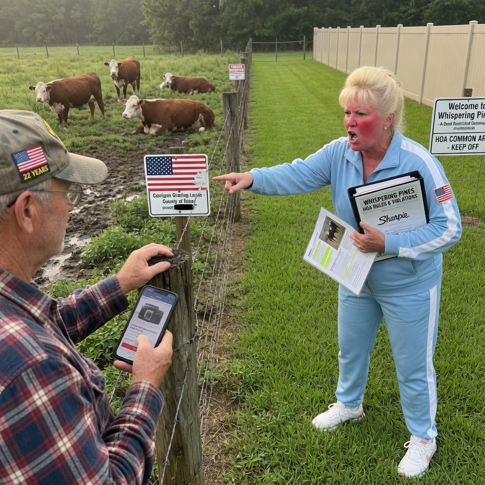 KAREN SLAPPED HIM WITH $5,000 IN FAKE FINES FOR HIS PEACEFUL COWS, SO THE RETIRED MAJOR UNLEASHED A MILITARY-GRADE TRAP OF CAMERAS, CLASSIFIED CONTRACTS, AND A CLASS ACTION LAWSUIT THAT ENDED WITH HER FLEEING TOWN IN HUMILIATION. HOW DID A FEW GRAZING CATTLE TOPPLE A TYRANT’S EMPIRE?