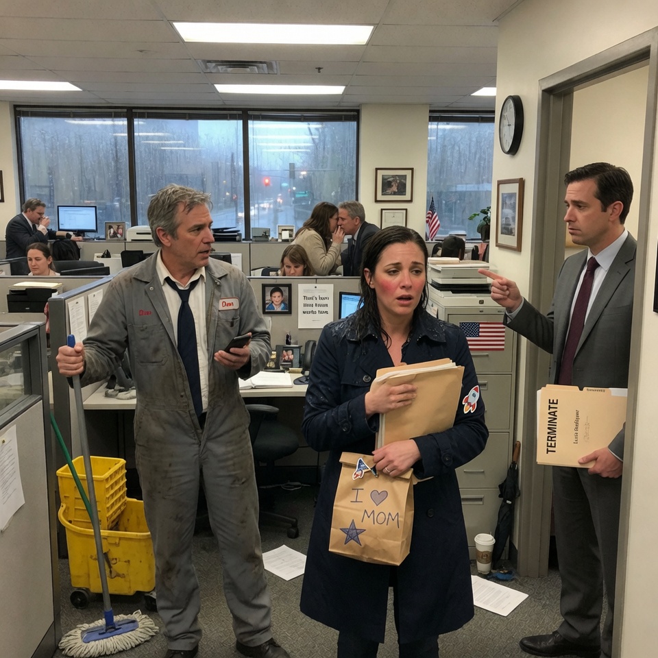 A SINGLE MOM APOLOGIZED FOR A BUS DELAY WHILE A QUIET JANITOR MOPS NEARBY — BUT WHEN HER BOSS DROPS A FOLDER MARKED “TERMINATE,” THE JANITOR REMOVES HIS COVERALLS AND THE WHOLE OFFICE REALIZES HE IS THE CEO. HOW MANY LIVES HAS THIS SYSTEM ALREADY BROKEN WITHOUT A WITNESS?