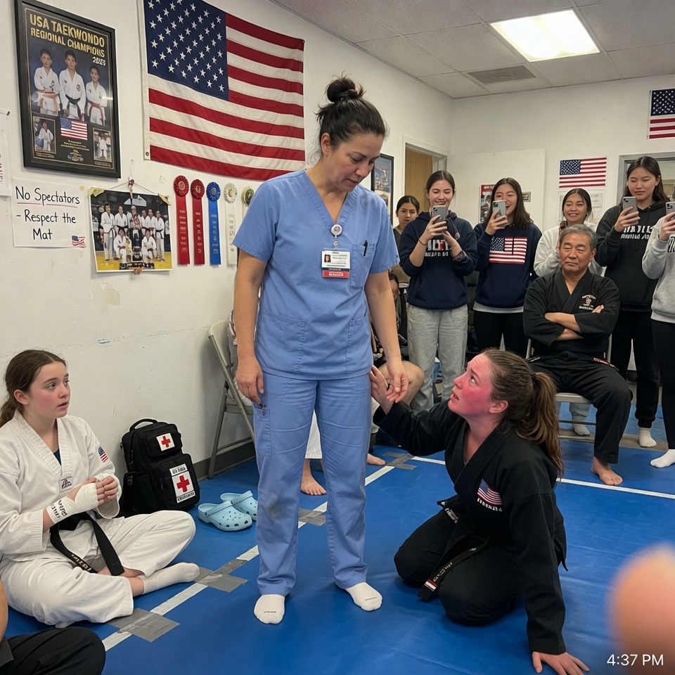 SHE POINTED HER FINGER AT THE QUIET NURSE AND SCREAMED “NOW YOUR TURN” — THE ENTIRE DOJO WENT SILENT WHEN THAT NURSE TOOK OFF HER SHOES