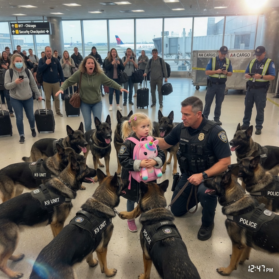 What Was Supposed To Be A Routine Tuesday At The Airport Turned Into A Terrifying International Incident When 15 Elite Police Dogs Suddenly Broke Formation To Surround A Six-Year-Old Girl Standing All Alone. When The Lead K-9 Officer Looked Inside Her Pink Backpack, He Uncovered A Chilling Secret That Changed Everything!