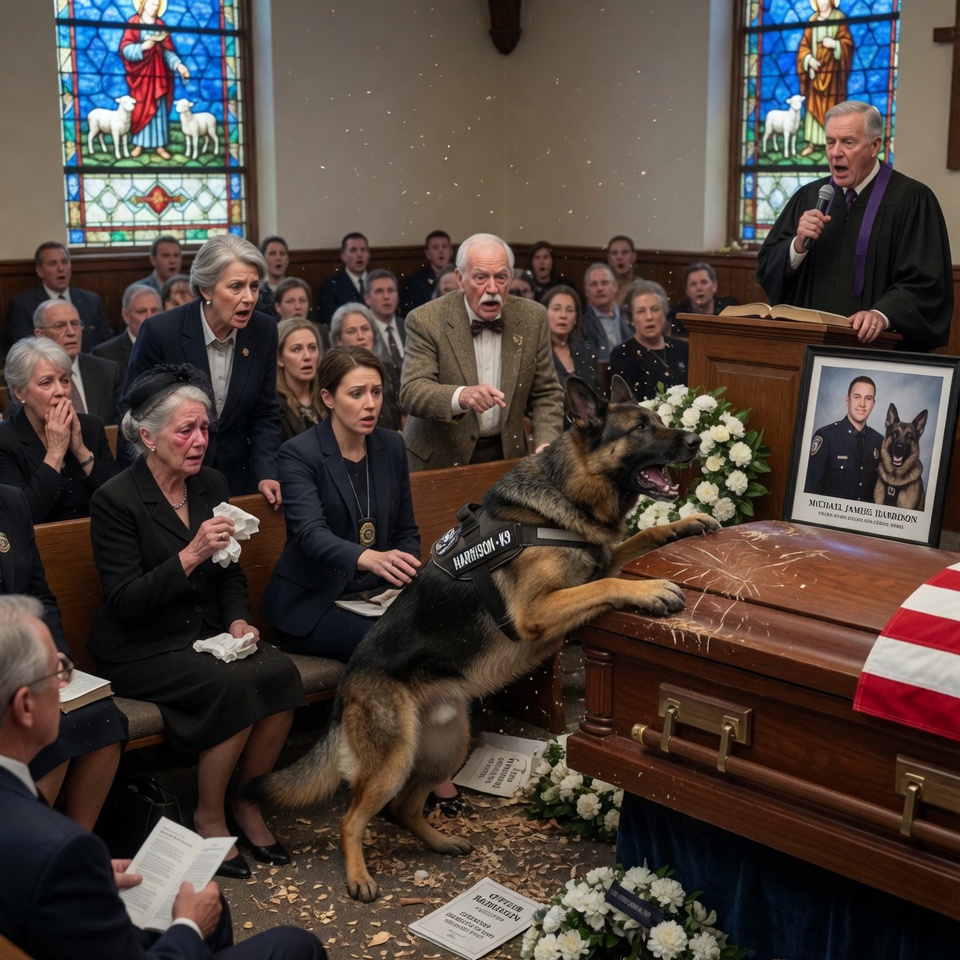 The Hero Cop’s Funeral Was Interrupted By The Mournful Howls Of His Loyal K9 Partner. What The Detective Found Hidden Inside The Sealed Mahogany Casket Left The Entire Town Of Cedar Falls Breathless, Sparking A Miracle Nobody Could Have Ever Imagined. The Secret He Took To His Grave Will Change Everything.