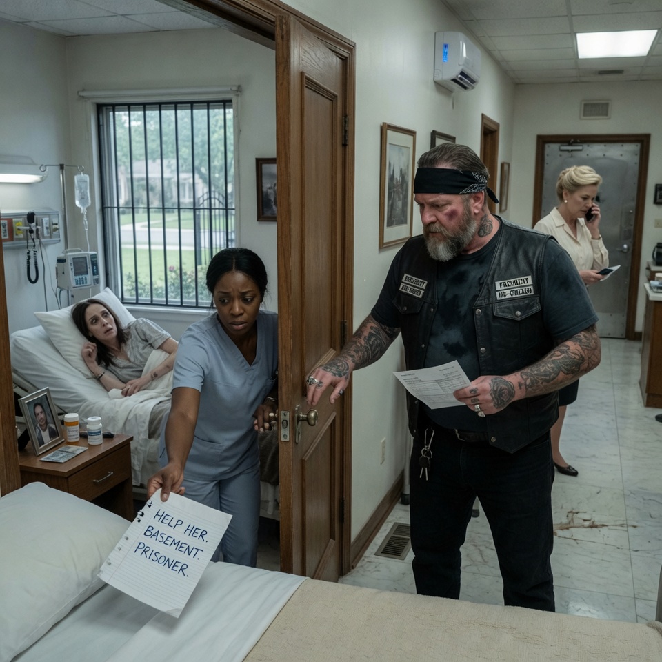 A Struggling Nurse Slipped a Terrifying Biker a 5-Word Note About a Hidden Basement in a Wealthy Mansion. What He Did Next Unveiled an Unimaginable Nightmare That Will Leave You Breathless and Prove That True Heroes Don’t Wear Capes—They Ride Harley-Davidsons Into the Darkest Storms.