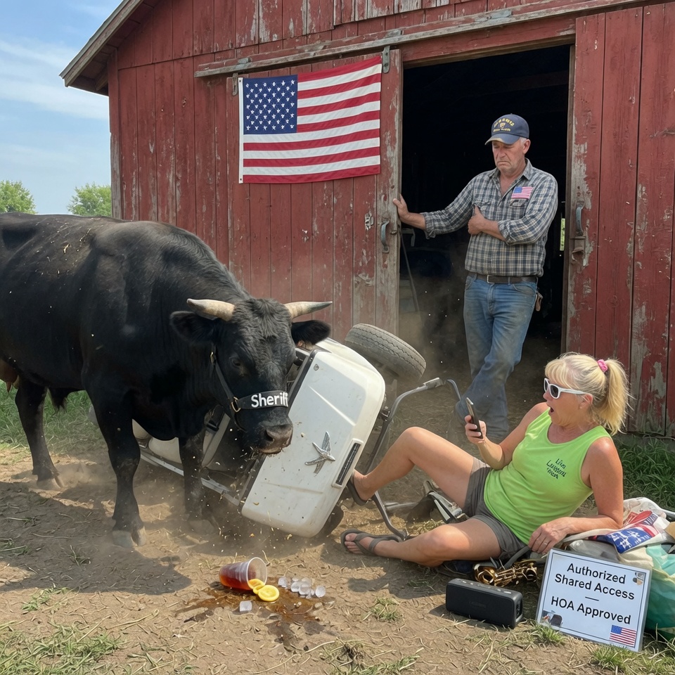 EVERY MORNING SHE PARKED HER CART AGAINST MY BARN DOORS, SIPPED SWEET TEA, AND CALLED IT “COMMUNITY SHADE.” I HAD NO LAW LEFT ON MY SIDE, BUT I HAD A 1,500-POUND ANGUS BULL NAMED SHERIFF. GUESS WHO FINALLY LEARNED ABOUT CONSEQUENCES?