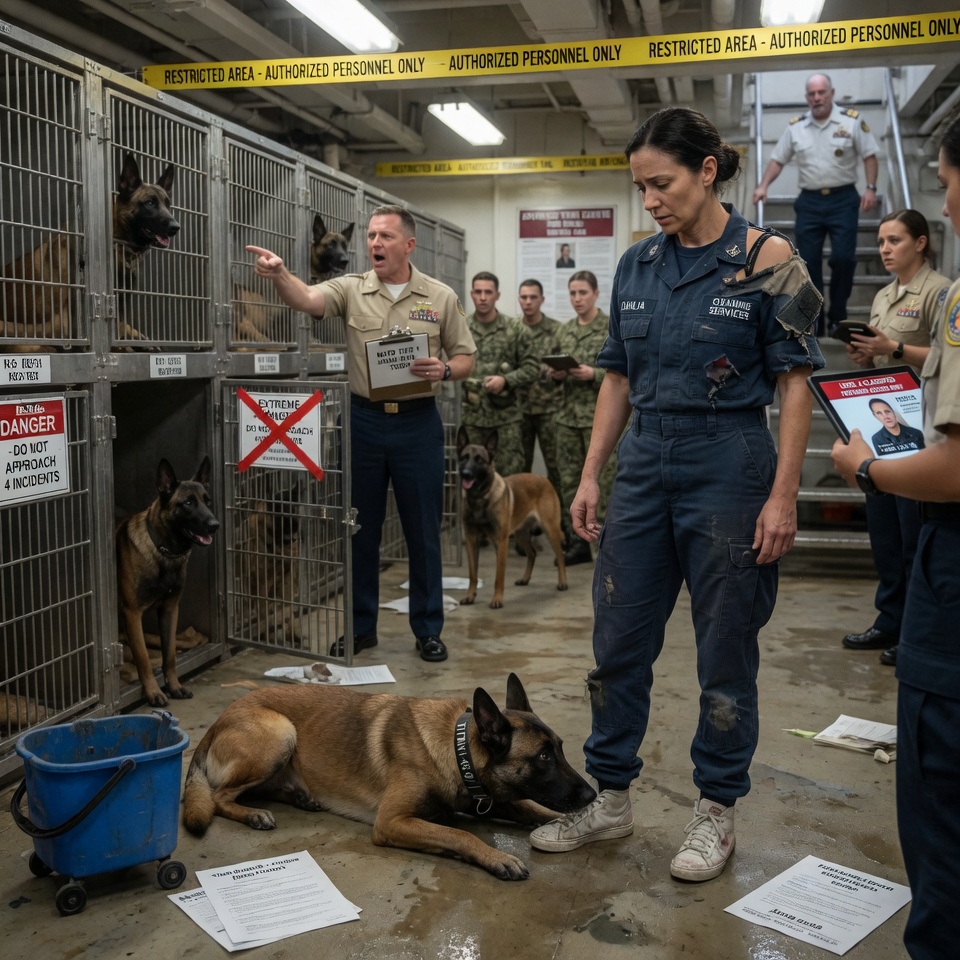 She Was Just A Broke Cleaner Scrubbing Floors On A Navy Carrier To Survive. But When The Military’s Most Terrifying And Untamable K9 Broke Out Of His Cage To Protect Her From An Arrogant Commander, The Admiral Uncovered A Classified Secret That Brought The Entire Ship To A Complete Standstill.