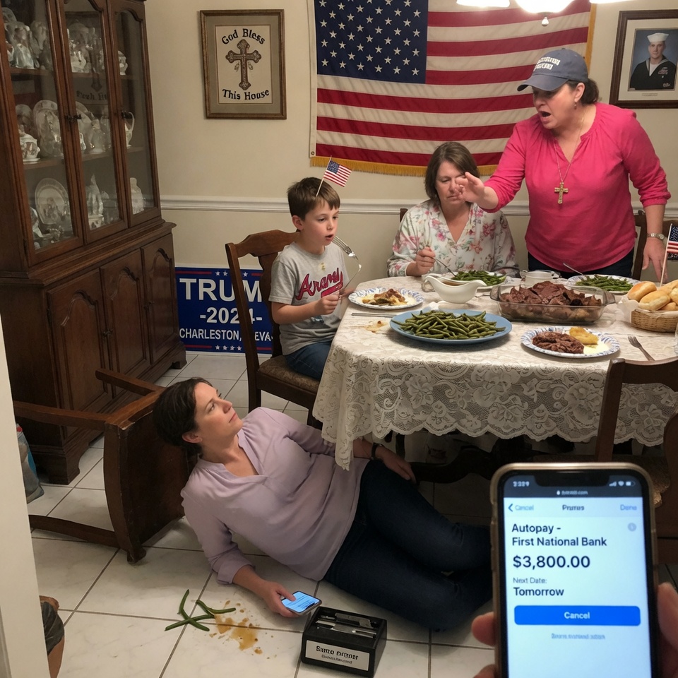 “Get off the table. Eat on the floor,” my sister said as she shoved me out of my chair at family dinner in the house I had been quietly paying for every month, and when I looked up from that cold Charleston tile and told her to enjoy her last free meal, nobody at that table understood what one tap on my phone was going to do to them by morning
