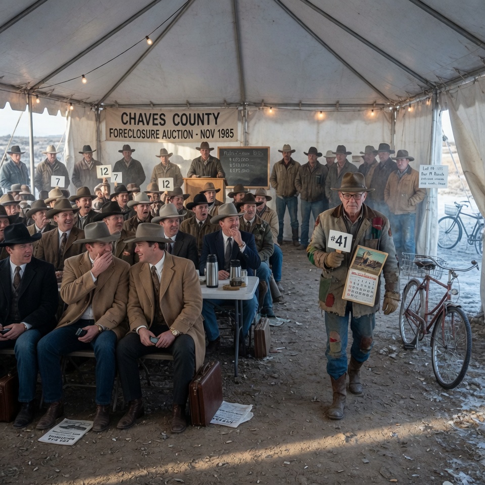 They Laughed When the Old Rancher in Patched Clothes Pedaled His Rusted Bicycle into the High-Stakes Roswell Foreclosure Auction—But the Arrogant Texas Millionaires Stopped Smiling When He Raised Paddle 41 and Revealed a Nineteen-Year Secret That Saved Three Generational Farms from Total Destruction.