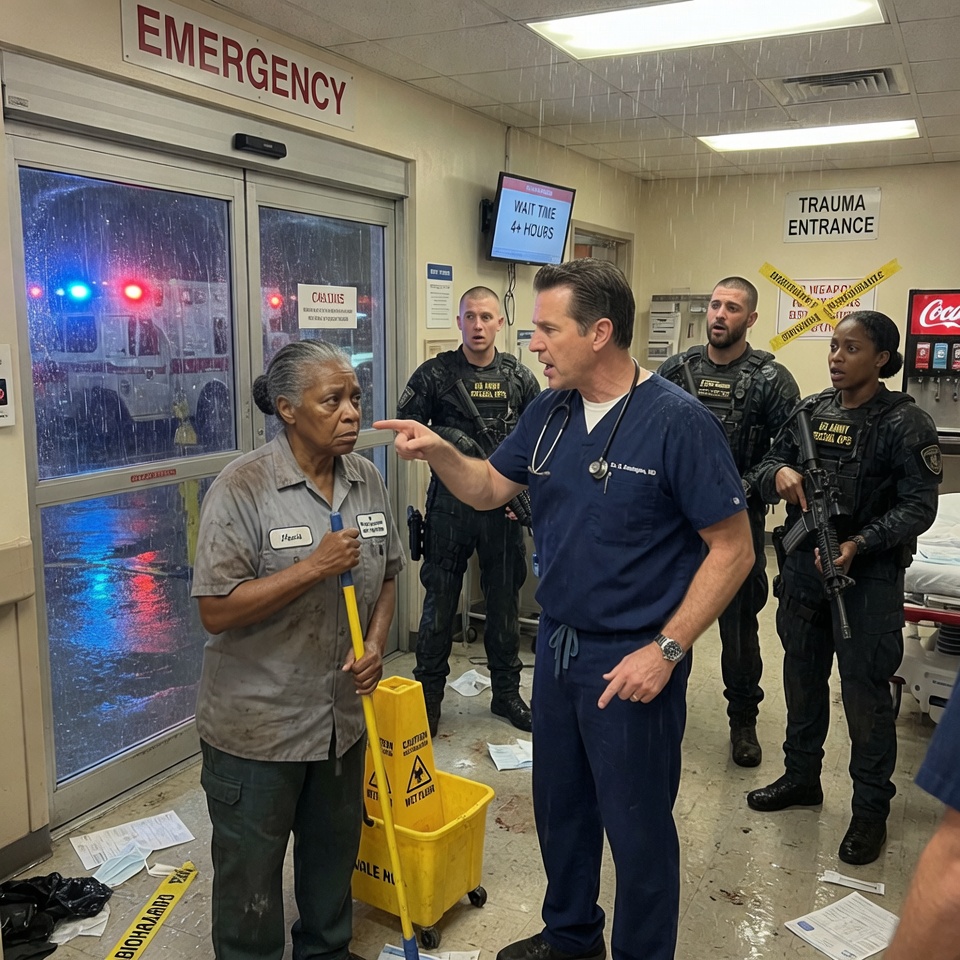 For 93 nights, the arrogant chief of surgery at a prestigious Seattle hospital ruthlessly mocked the quiet, limping janitor who cleaned his floors. But when a Black Hawk helicopter lands in a storm and elite Black Ops soldiers storm the ER, the doctor is paralyzed with fear as they salute the woman holding the mop.