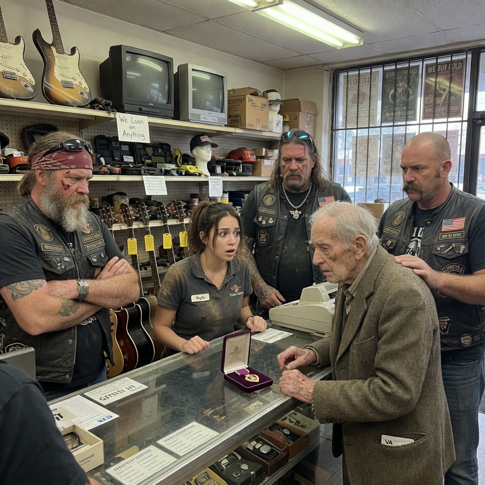 A 92-Year-Old WWII Veteran Was Forced to Pawn His Treasured Purple Heart Just to Buy a Week’s Worth of Groceries, but When a Terrifying Gang of 175 Hell’s Angels Bikers Suddenly Surrounded the Tiny Pawn Shop, the Entire Community Was Left Absolutely Speechless by What Happened Next.