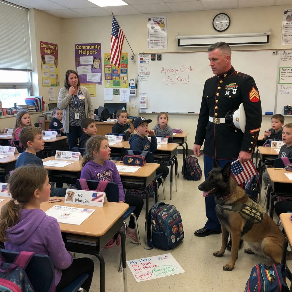 After an 8-Year-Old Girl Named Lila Was Told by Her Teacher to Apologize in Front of the Entire Class for Calling Her Father a Marine Hero Dad Because “That Doesn’t Make Him Special,” No One Could Have Predicted That the Very Next Morning, When Sergeant Daniel Whitaker Walked Into the Classroom With His Loyal K9 Partner, the Entire Room Would Fall Silent in Shock and Everyone Would Be Forced to Rethink Courage, Sacrifice, and What It Truly Means to Be a Hero