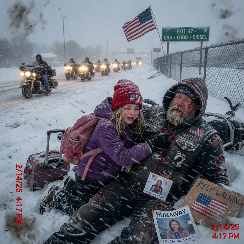 A 10-Year-Old Runaway Who Was Supposed to Keep Walking Alone Through a Relentless Blizzard, But Stumbled Upon a Gravely Injured, Massive Biker Half-Buried in the Snow, And Over Two Days of Dragging, Falling, Shivering, and Holding Him Close to Share Her Body Heat, She Discovered a Heartbreaking Truth About His Lost Daughter, Faced Life-Threatening Danger Herself, And Then Heard the Roar of 50 Motorcycles Approaching, Leading to a Revelation That Would Change Everything She Thought She Knew About Survival, Hope, and the Fragile Bonds That Connect Strangers in the Most Impossible Circumstances