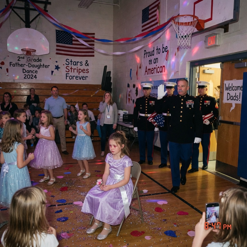 My Daughter Was Humiliated at the Father-Daughter Dance, Sitting Alone and Heartbroken While Other Kids Danced With Their Dads — Until the Gym Doors Exploded Open and a Dozen Marines, Led by a High-Ranking General, Walked In, Stopping Everything, Making Her the Center of Attention, and Transforming a Night of Shame Into a Moment of Unforgettable Honor, Love, and Courage That Nobody in That Elementary School Gym Would Ever Forget