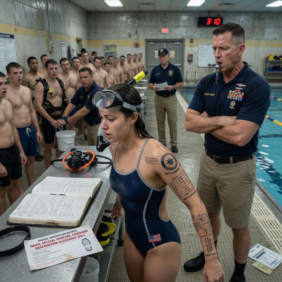 She was just a quiet, grieving daughter in a faded swimsuit, relentlessly humiliated by a ruthless Senior Chief at a restricted Virginia Beach Navy facility. But when she finally stepped into the water, her father’s classified legacy revealed a shocking truth that silenced the military’s toughest men forever.