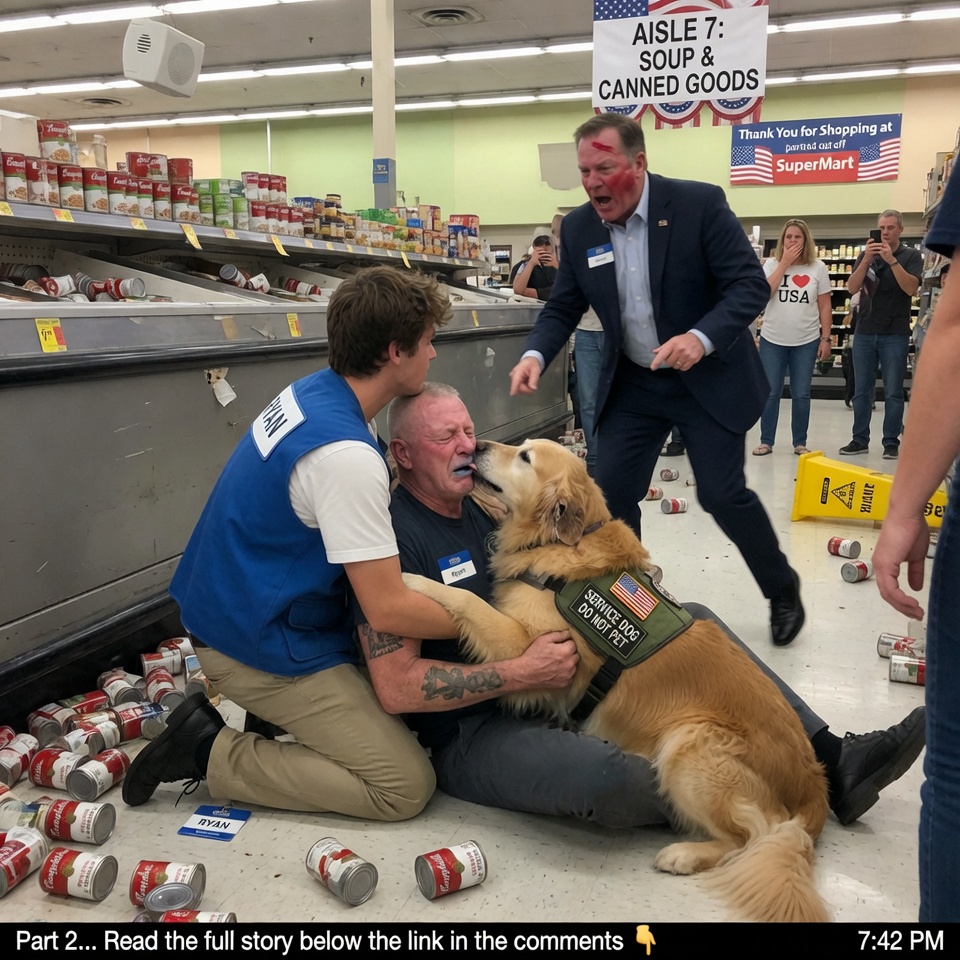 A Nineteen-Year-Old Broke College Cashier, Working the Closing Shift With No Hope and Nothing to Lose, Threw His Only Paycheck and Leapt Across a Grocery Store Aisle to Physically Shield a Retired Military Service Dog From a Cruel, Wealthy Regional Manager Who Was About to Kick It, Saving the Life of a Disabled Veteran Experiencing a Severe Panic Attack, Triggering a Viral Video, a Nationwide Social Media Outrage, Hundreds of Local Residents and Veterans Forming a Massive Peaceful Protest, Forcing the Manager’s Immediate Firing, Prompting a Million-Dollar Donation to Service Dog Charities, and Ultimately Changing the Teenager’s Life Forever in Ways He Could Never Have
