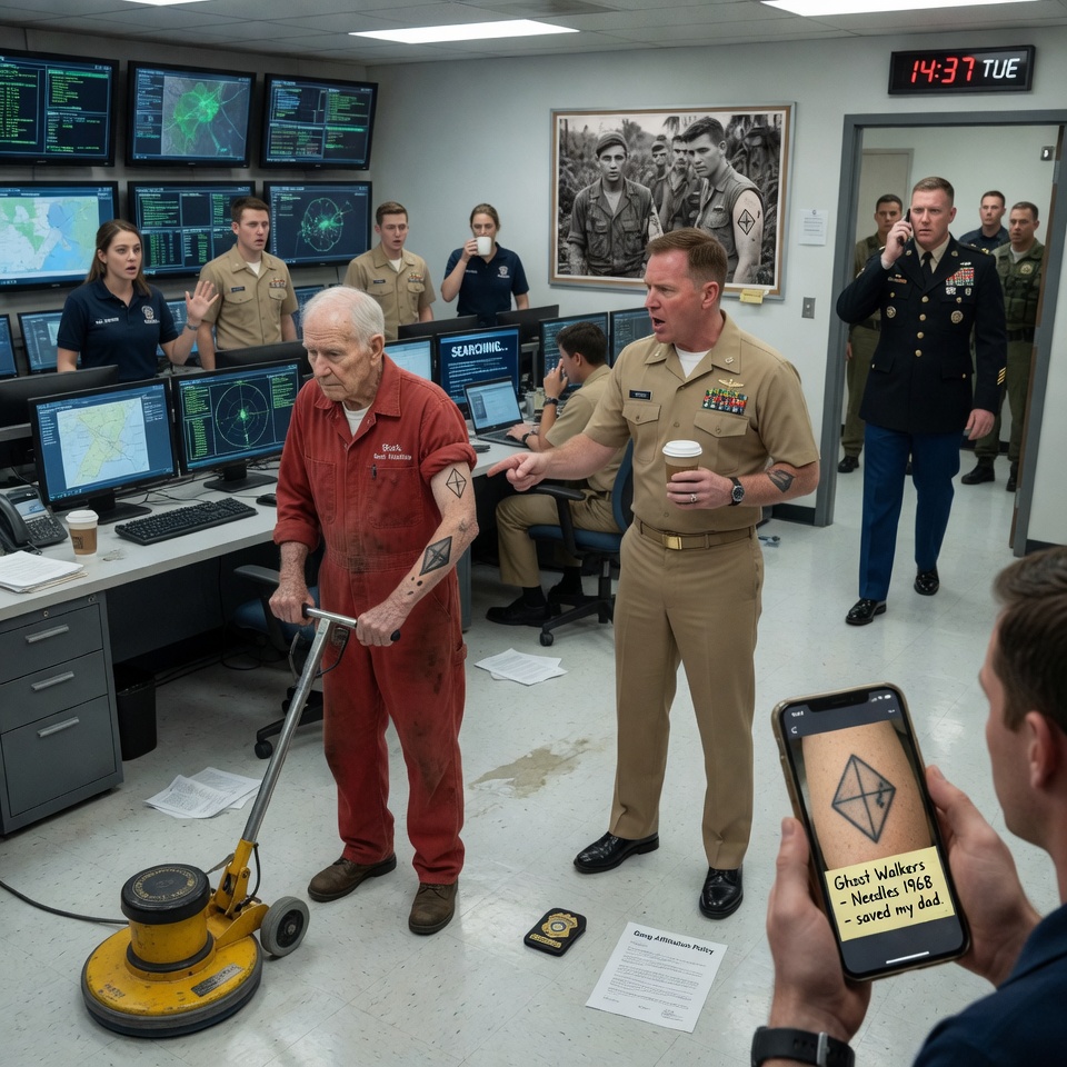 They Thought He Was Just a Nobody Scrubbing Their Floors. But When an Arrogant Lieutenant Tried to Humiliate the 82-Year-Old Over a Faded Tattoo, a USMC Captain Walked In and Recognized the Ink. What Happened Next Brought the Entire Naval Command Center to Absolute Silence.