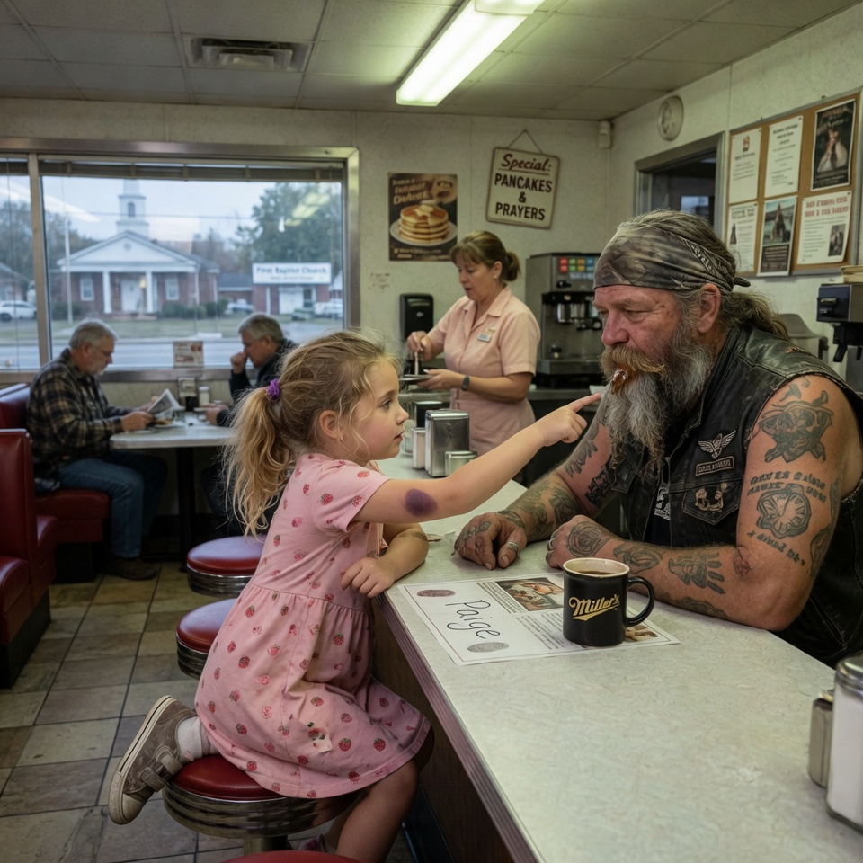 I Was the Most Feared Biker in Town. When a 7-Year-Old Girl Climbed Onto the Stool Beside Me and Whispered Four Chilling Words, She Triggered a Chain of Events That Brought 850 Hells Angels Rolling Into Our Quiet Community to Break Down a Respected Deacon’s Door.