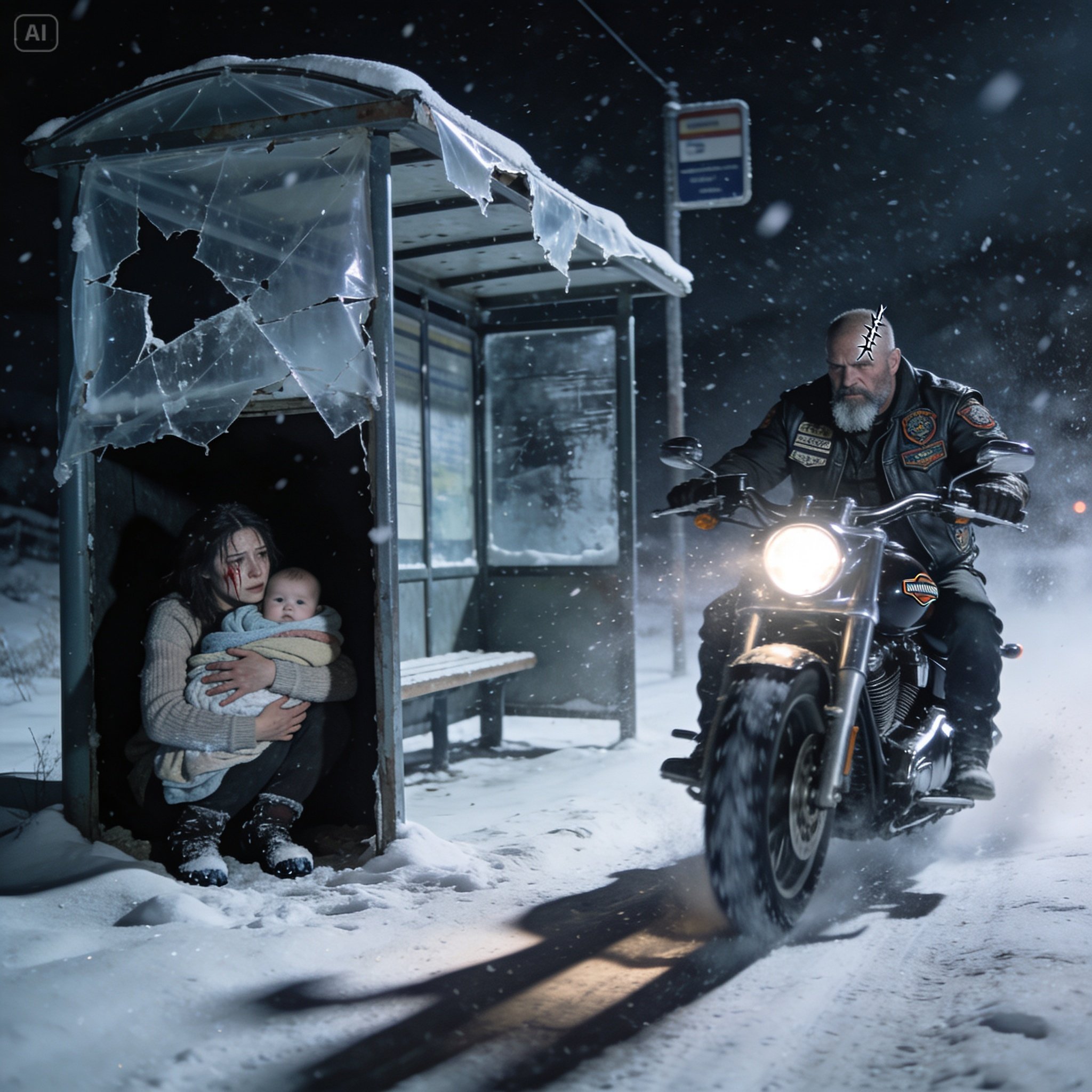 Out In The Deadly Montana Blizzard, A Homeless Mother Clutched Her Freezing Newborn Waiting For The End. But When A Scarred Biker And His Little Girl Pulled Up To The Abandoned Bus Stop, They Unleashed A Chain Of Miracles That Saved Two Families.