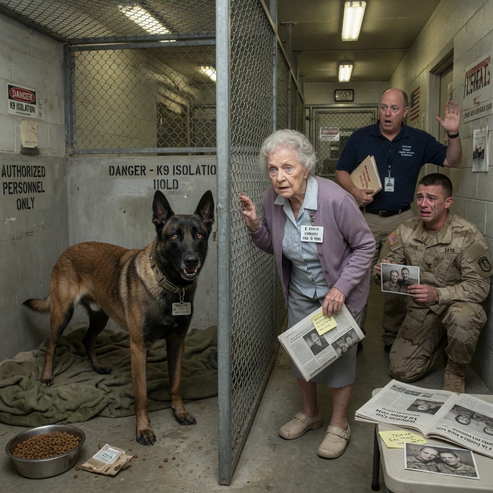 The Death Warrant Was Signed for a Grieving Combat K9. But When a Quiet Elderly Librarian Approached the Vicious Dog’s Cage and Whispered One Secret Word, the Entire Military Base Was Left Completely Speechless. This is the Heartbreaking Story of Shadow, a Forgotten American Hero.