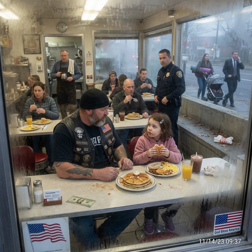 “I SAW HER LIPS WERE BLUE AND NOBODY STOPPED,” THE BIKER SAID. A HELLS ANGEL, A STARVING CHILD, AND A TOWN THAT LOOKED AWAY. WHEN HE BOUGHT HER PANCAKES, HE HAD NO IDEA WHAT 200 OF HIS BROTHERS WERE ABOUT TO UNLEASH. WOULD YOU HAVE HAD THE COURAGE TO BE THE ONE WHO STOPPED?