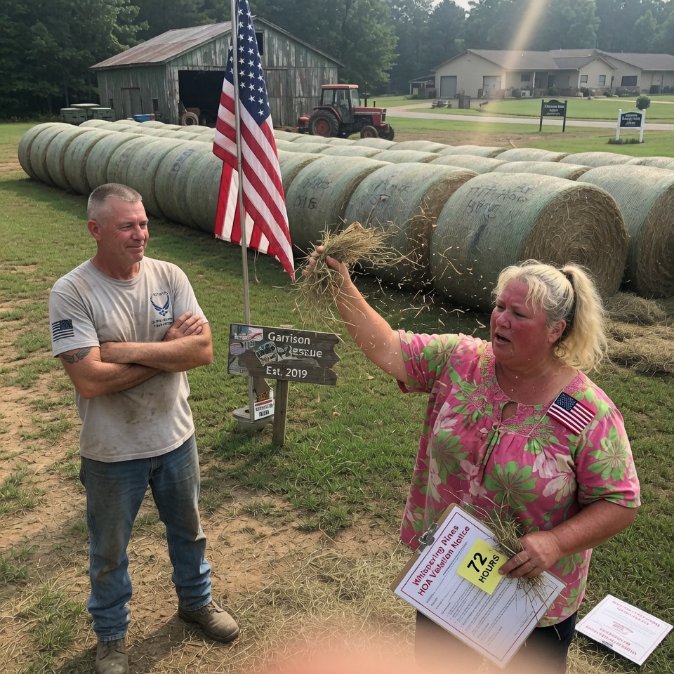 “$500 A DAY IN FINES FOR STORING HAY ON MY OWN LAND… THAT’S WHAT SHE DEMANDED. BUT THE FIRE DEPARTMENT SAID THAT SAME HAY WAS THE ONLY THING PROTECTING HER NEIGHBORHOOD FROM BURNING TO THE GROUND. WHEN SHE TRIED TO FORECLOSE ON A PROPERTY SHE DIDN’T EVEN OWN, I KNEW I HAD TO SHOW HER WHAT REAL CONSEQUENCES LOOK LIKE. HAVE YOU EVER WATCHED SOMEONE DESTROY THEIR OWN LIFE WITH A CLIPBOARD?”