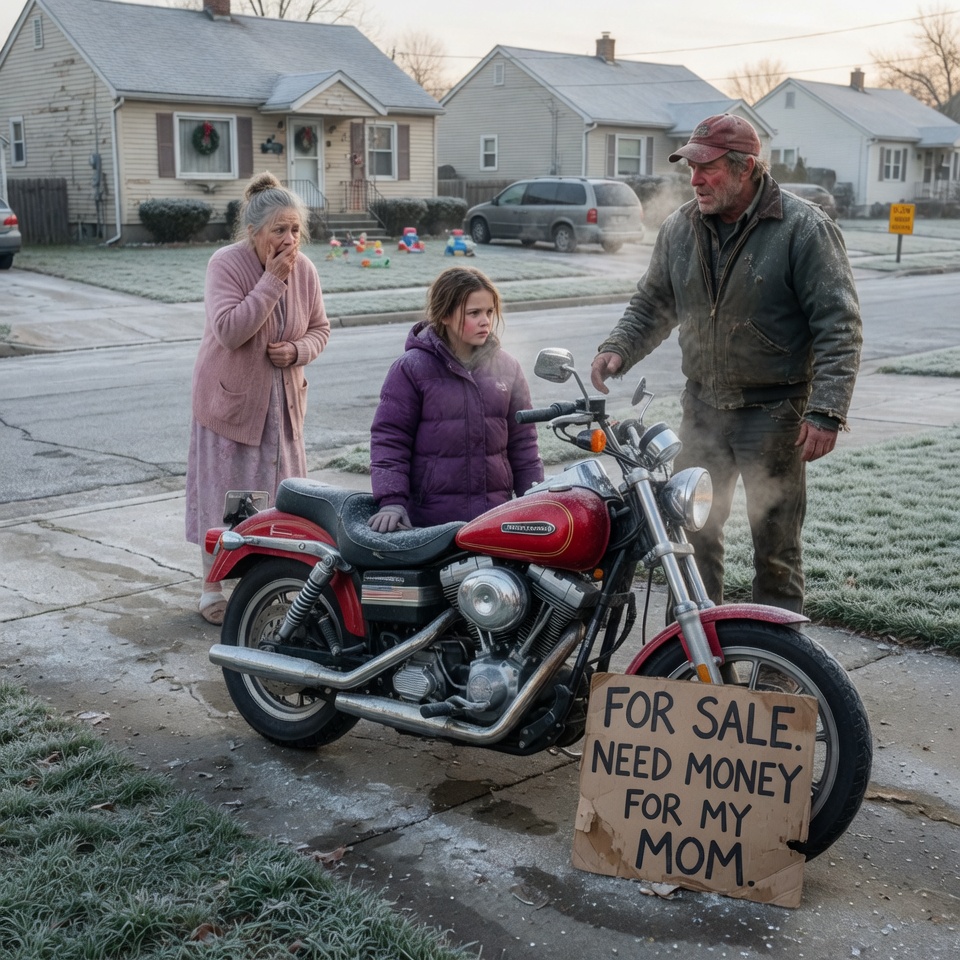 A desperate 9-year-old girl stood freezing in her driveway, trying to sell a forbidden 1987 Harley-Davidson to save her dying mother. When a mysterious truck pulled up and an estranged biker brotherhood answered her handwritten sign, a dark nine-year family secret was finally dragged into the morning light.