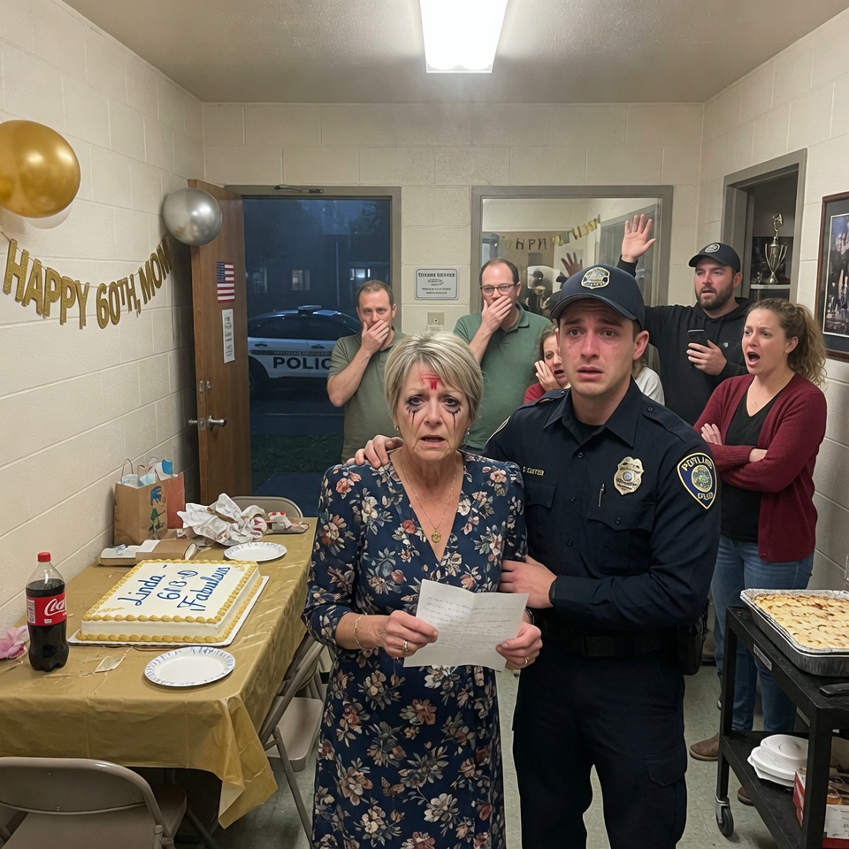 I WAITED four hours for my six children to walk through that door on my 60th birthday… but the house stayed silent — until a police officer knocked and handed me a note that made my heart STOP. WHAT HAPPENED NEXT DESTROYED ME IN THE BEST WAY POSSIBLE?