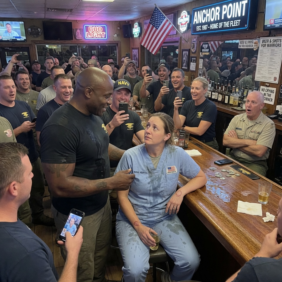 A BEER-SOAKED NURSE, FIVE HOSTILE SEALS, AND ONE IMPOSSIBLE QUESTION. WHEN RODRIGUEZ DEMANDED HER CALL SIGN, THE ENTIRE BAR HELD ITS BREATH — BUT NOTHING PREPARED THEM FOR THE ADMIRAL WHO BURST THROUGH THE DOOR AND DROPPED TO ONE KNEE. WHO WAS SHE BEFORE SHE VANISHED INTO A HOSPITAL NIGHT SHIFT?