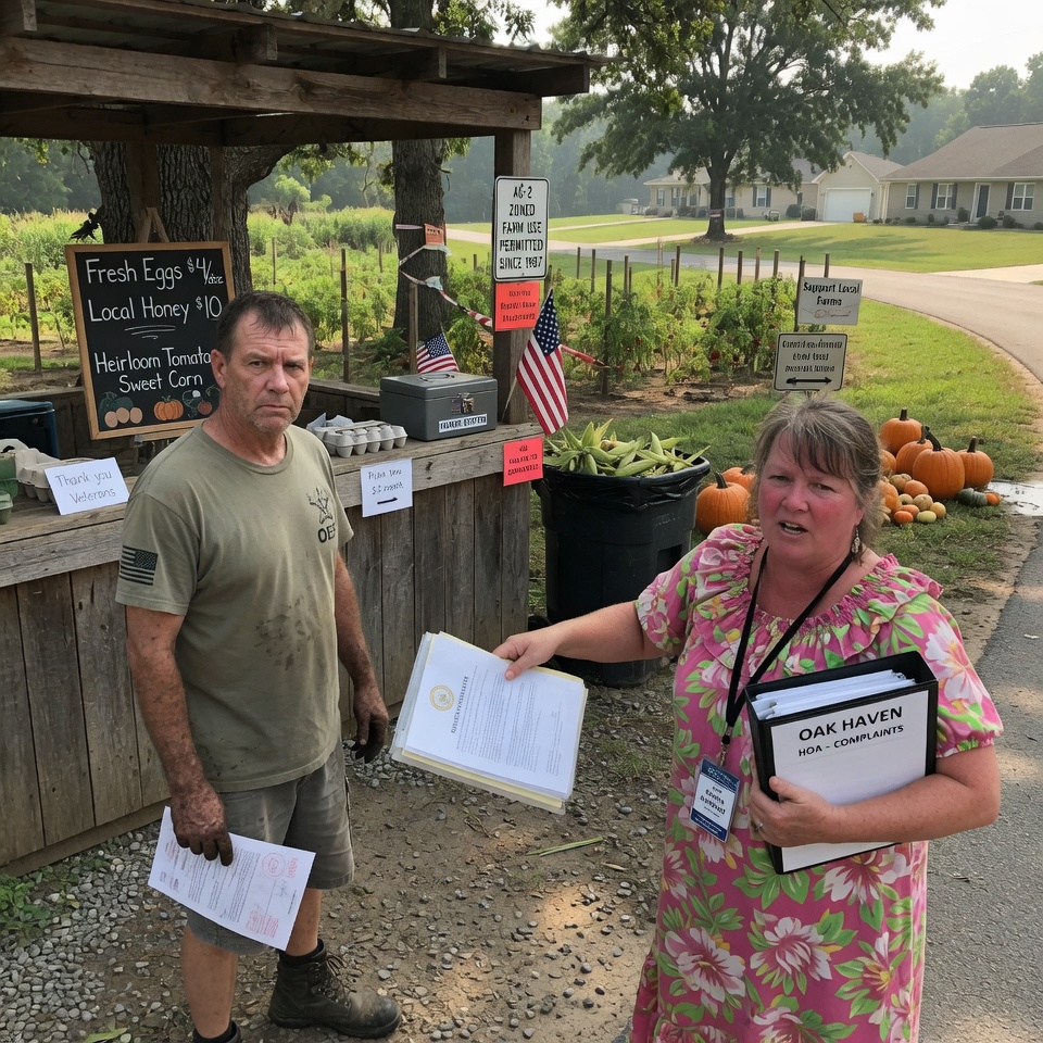 A VETERAN’S PEACE WAS SHATTERED WHEN A NEIGHBOR REPORTED HIS HONOR-SYSTEM FARM STAND. HE VOWED TO FIGHT THE $500 FINE—THEN THE ZONING CHAIRMAN WALKED IN HOLDING A LOYALTY PUNCH CARD. YOU WON’T BELIEVE WHAT HAPPENED NEXT. WILL JUSTICE ACTUALLY BE SERVED IN SUBURBIA?