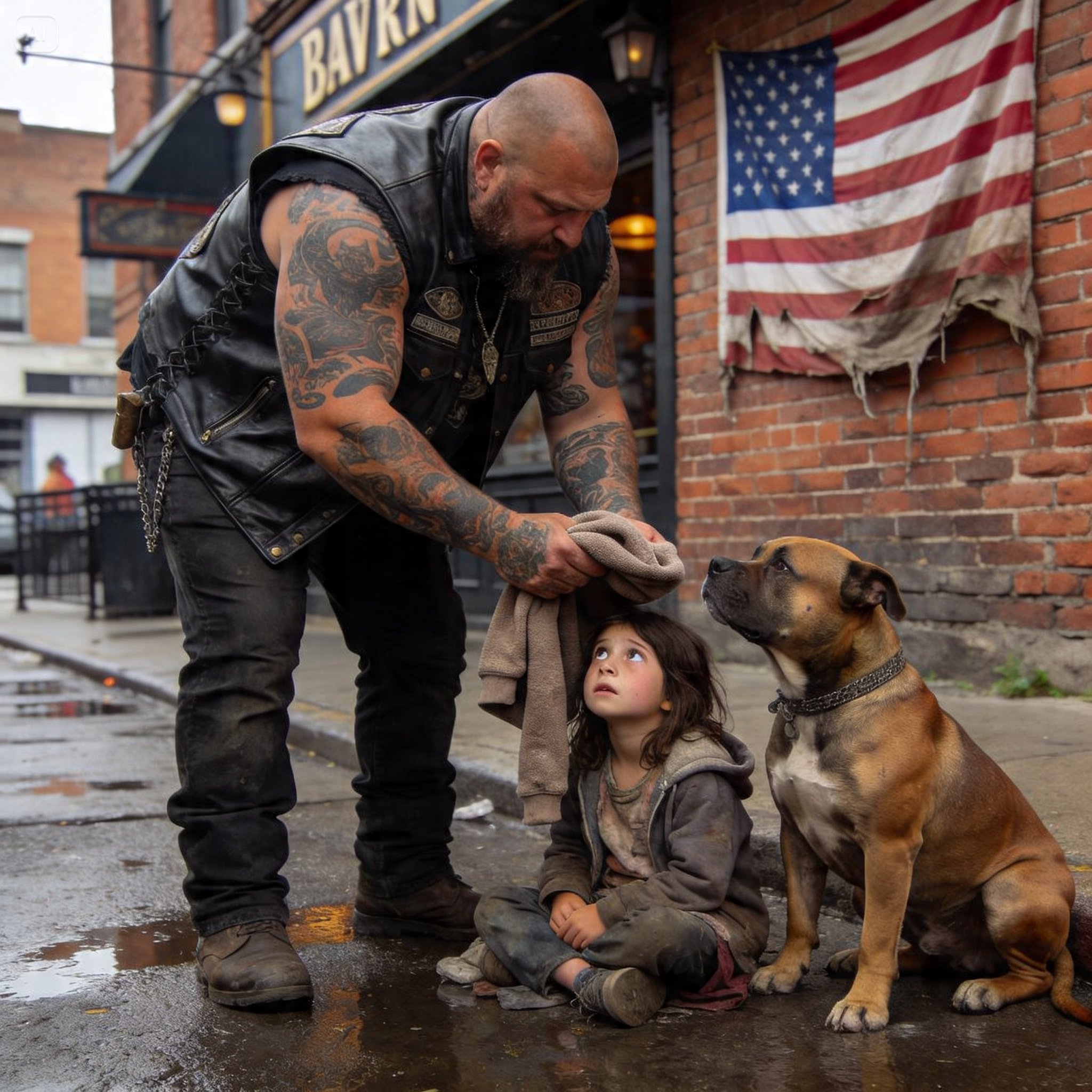 SHE WAS JUST A SHADOW IN THE RAIN, A FORGOTTEN NINE-YEAR-OLD WITH NOTHING BUT THE HUNGER IN HER BELLY AND THE MEMORY OF A LIFE LOST, UNTIL THE MOMENT SHE THREW HER BODY OVER A STRANGER’S PIT BULL TO SHIELD HIM FROM A CRUEL BLOW. THIS IS THE STORY OF LILY, THE BIKER NAMED BRICK, AND THE DAY TWO HUNDRED HARLEYS ROARED THROUGH SEATTLE TO PROVE THAT SOME DEBTS ARE PAID IN BLOOD AND LOYALTY.