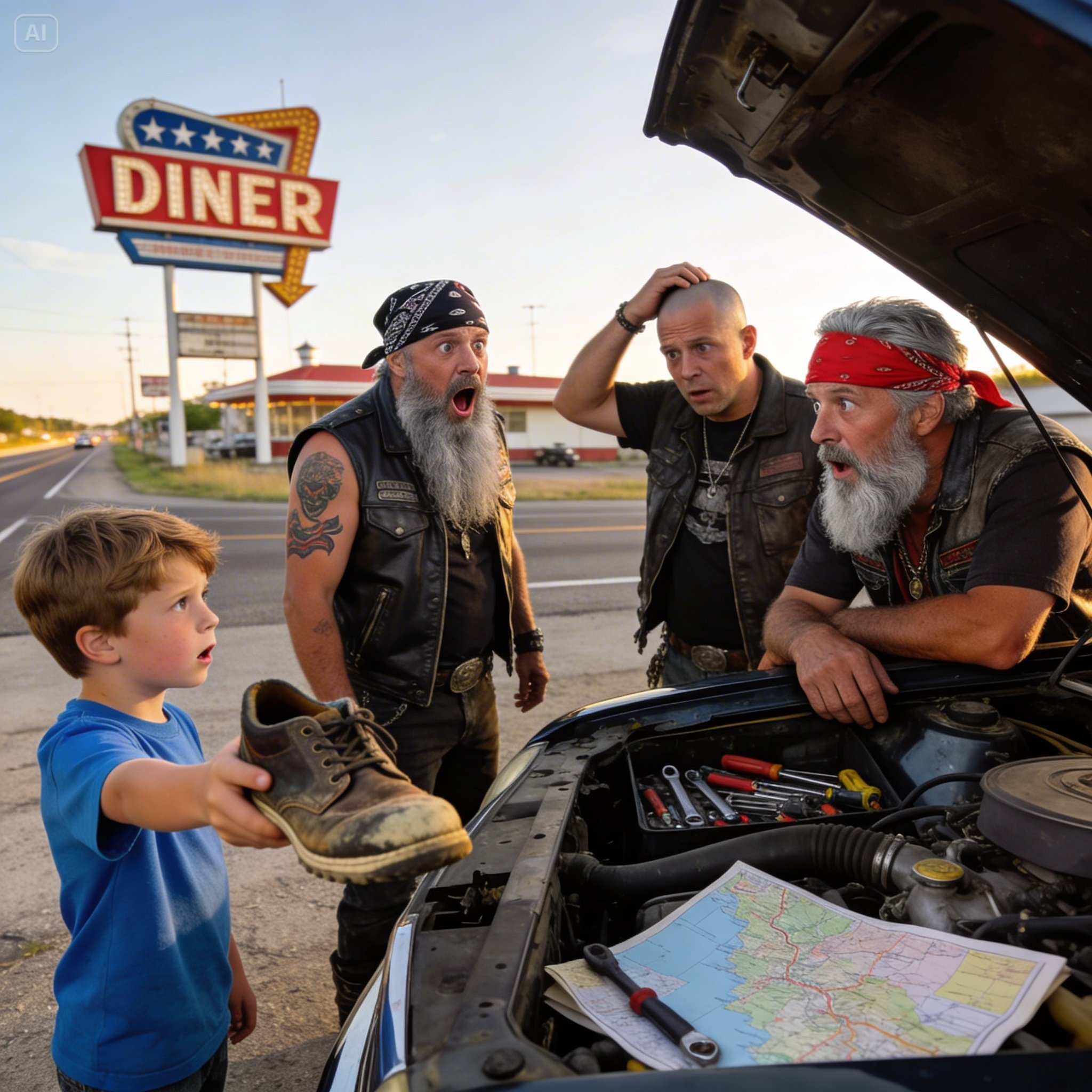 He was just a quiet seven-year-old boy sitting in my diner, but when he secretly slid that single, scuffed-up child’s shoe across the table while his “father” wasn’t looking, my blood ran completely cold—because I instantly knew what it really meant, and exactly who it belonged to…