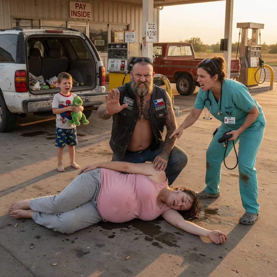 It was a quiet evening in Waco, Texas, when a heavily pregnant mother collapsed completely lifeless near the gas pumps. As panicked bystanders rushed to help, a massive, intimidating biker stepped in and strictly blocked a trained nurse from touching her. What he did next will completely shatter your heart.