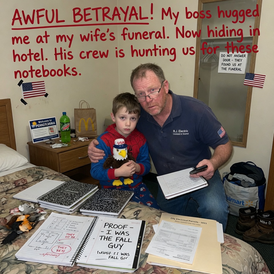AWFUL BETRAYAL! — My boss hugged me at my wife’s funeral. Now I’m hiding in a hotel with my child while his crew hunts us for a stack of notebooks that prove I’m the fall guy. CAN ONE ELECTRICIAN OUTSMART ORGANIZED CRIME?