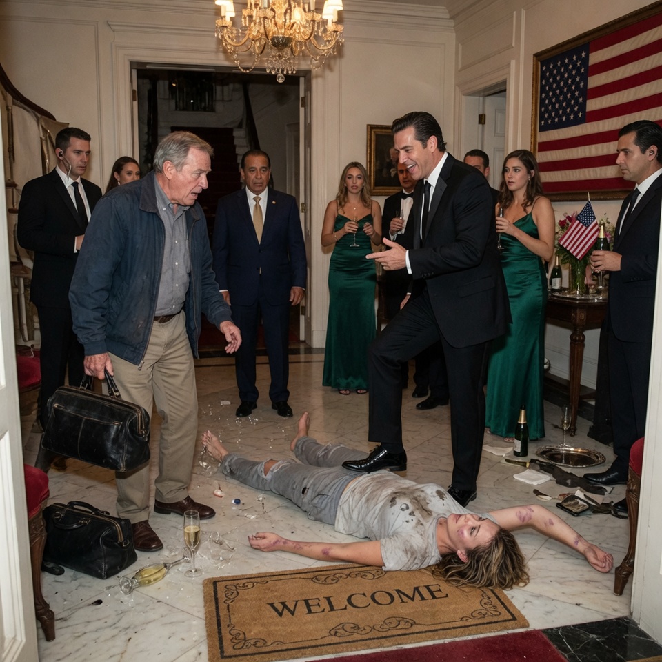 What a CRUEL, HEARTLESS monster! — He wiped his shoes on his own wife and announced to party guests she was just “the crazy maid.” But when her father—a retired military surgeon—stepped into that foyer, a champagne glass shattered because one guest recognized the man who saved his life 20 years ago. WHAT WOULD YOU DO IF THIS WAS YOUR DAUGHTER?