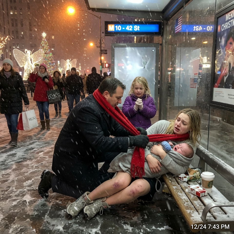 “SCARY cold! — 14°F outside, a baby’s fingers trembling, a mother too exhausted to lift her head… then a stranger knelt in the snow and handed over his daughter’s red scarf. WHO WOULD YOU BE IN THIS STORY—THE ONE WHO WALKED BY, OR THE ONE WHO STAYED? “