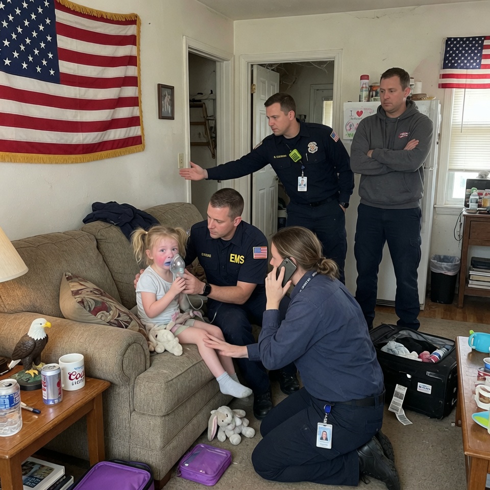 After coming home from my trip, I found my five-year-old fighting for every breath. My husband stood a few feet away, smiling like nothing was wrong. ‘She needed to be taught a lesson,’ he said with a shrug. My hands went numb as I called for an ambulance. The paramedics rushed in — and the second one of them looked at him, the whole room changed. Then he pulled me aside and whispered, ‘Your husband is…’