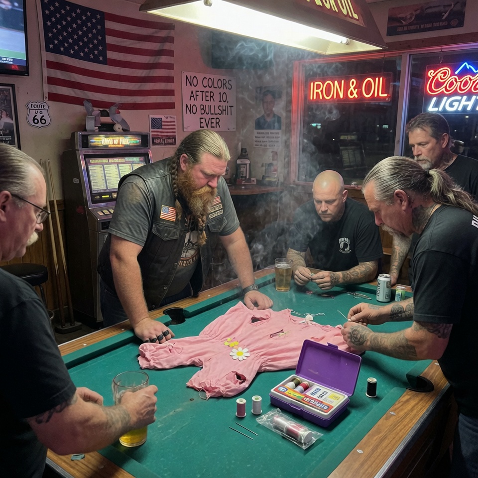 SO HEARTBREAKING — A massive, feared biker walked into a dive bar clutching a tiny pink dress and a cheap sewing kit, and his four terrifying brothers surrounded the pool table with a TENDERNESS that NO ONE saw coming… but the real shock was what his 7-year-old daughter announced on a school microphone the next morning. WHAT HAPPENED IN THAT BAR WILL MAKE YOU WEEP!