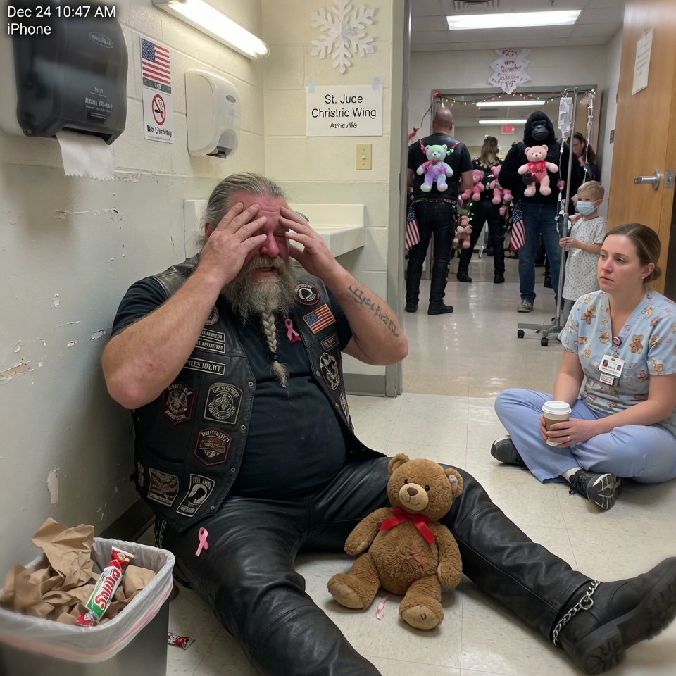HEARTBREAKING! — A terrifying 300-pound biker president with a 1% diamond patch walked into a children’s hospital on Christmas Eve, a worn teddy bear strapped to his chest. What he whispered to the dying six-year-old in Room 4-B made the nurse follow him into the men’s bathroom — and discover a TWELVE-YEAR SECRET no one was ever meant to hear. HE HAD BEEN HOLDING THAT BEAR FOR 365 DAYS BEFORE GIVING IT AWAY — CAN YOU FATHOM THAT KIND OF LOVE?